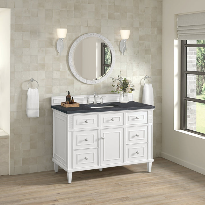 Lorelai 48" Single Vanity, Bright White w/ 3 CM Charcoal Soapstone Silestone Top