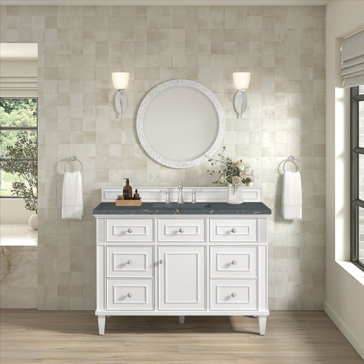 Lorelai 48" Single Vanity, Bright White w/ 3 CM Parisien Bleu Silestone Top w/FreePower Wireless Charger
