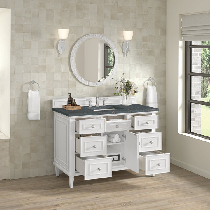 Lorelai 48" Single Vanity, Bright White w/ 3 CM Parisien Bleu Silestone Top w/FreePower Wireless Charger