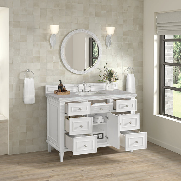 Lorelai 48" Single Vanity, Bright White w/ 3 CM Victorian Silver Silestone Top w/FreePower Wireless Charger