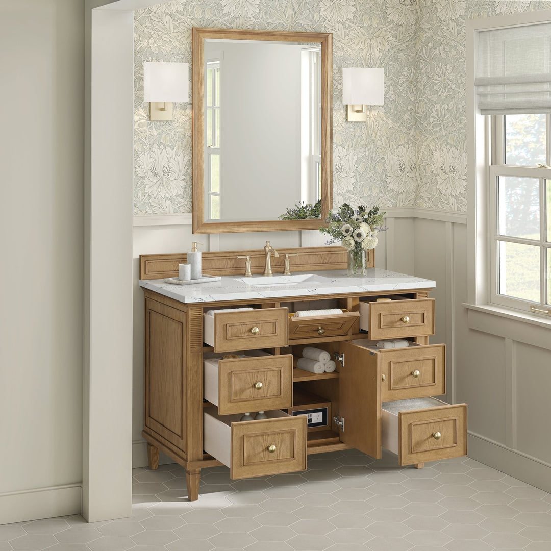 Lorelai 48" Single Vanity, Light Natural Oak w/ 3 CM Ethereal Noctis Silestone Top w/FreePower Wireless Charger