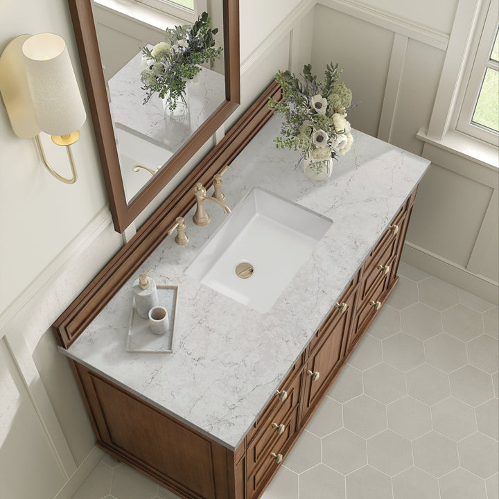 Lorelai 48" Single Vanity, Mid-Century Walnut w/ 3 CM Eternal Jasmine Pearl Silestone Top w/FreePower Wireless Charger