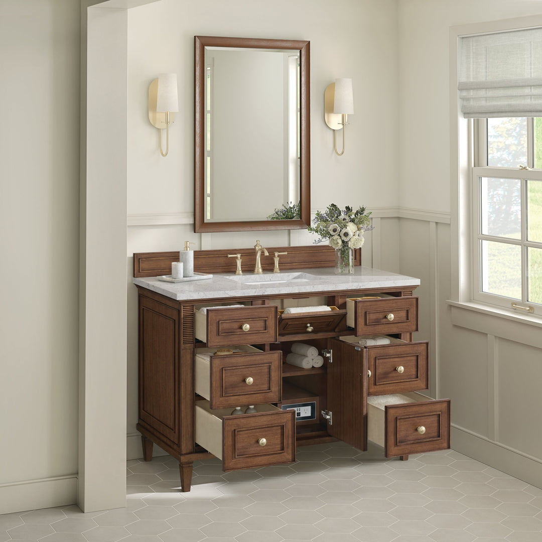 Lorelai 48" Single Vanity, Mid-Century Walnut w/ 3 CM Eternal Jasmine Pearl Silestone Top w/FreePower Wireless Charger