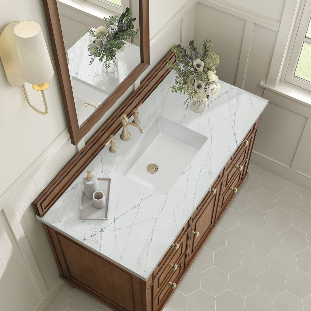 Lorelai 48" Single Vanity, Mid-Century Walnut w/ 3 CM Ethereal Noctis Silestone Top w/FreePower Wireless Charger