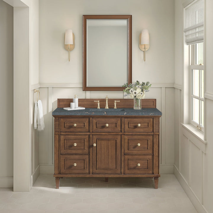 Lorelai 48" Single Vanity, Mid-Century Walnut w/ 3 CM Parisien Bleu Silestone Top w/FreePower Wireless Charger