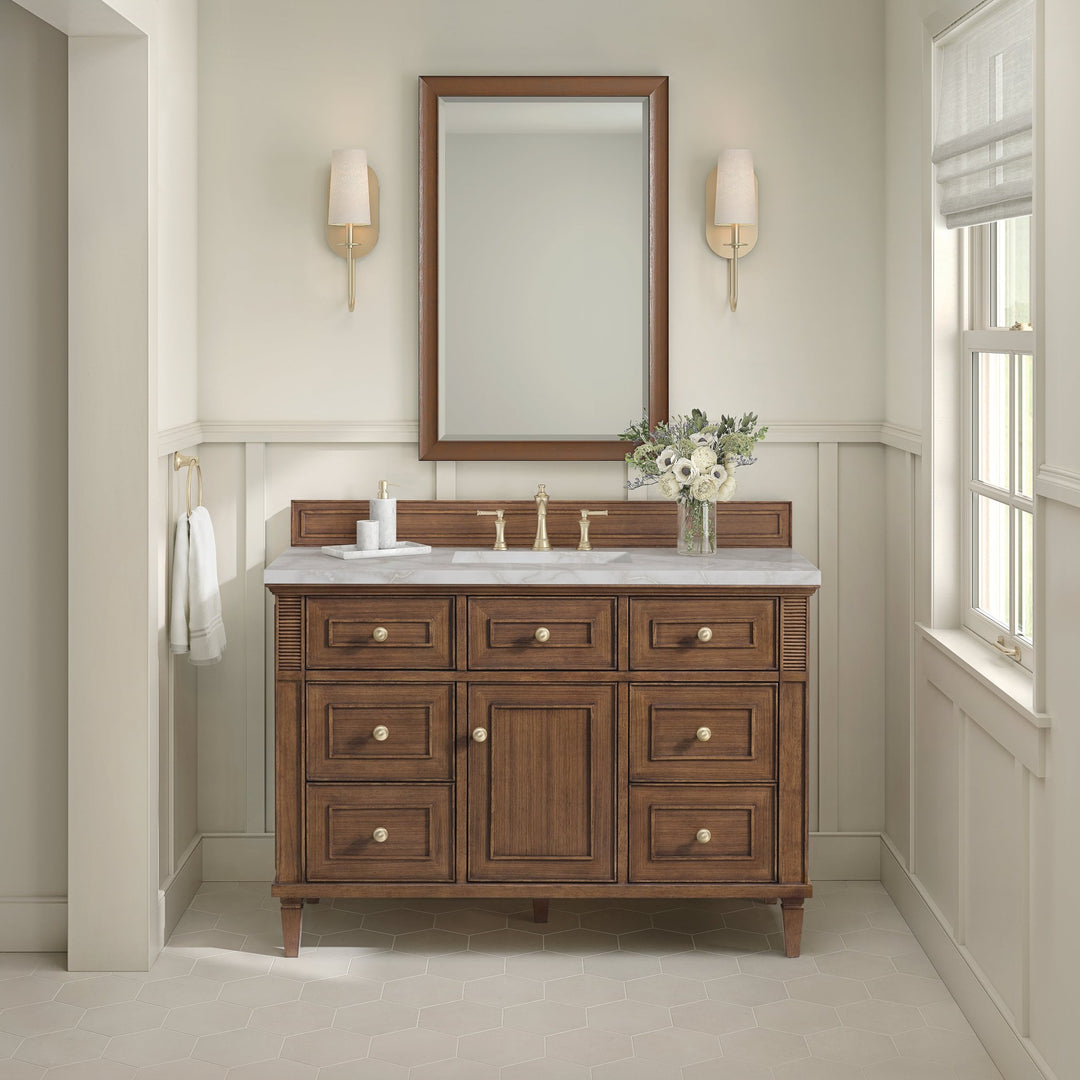 Lorelai 48" Single Vanity, Mid-Century Walnut w/ 3 CM Victorian Silver Silestone Top w/FreePower Wireless Charger