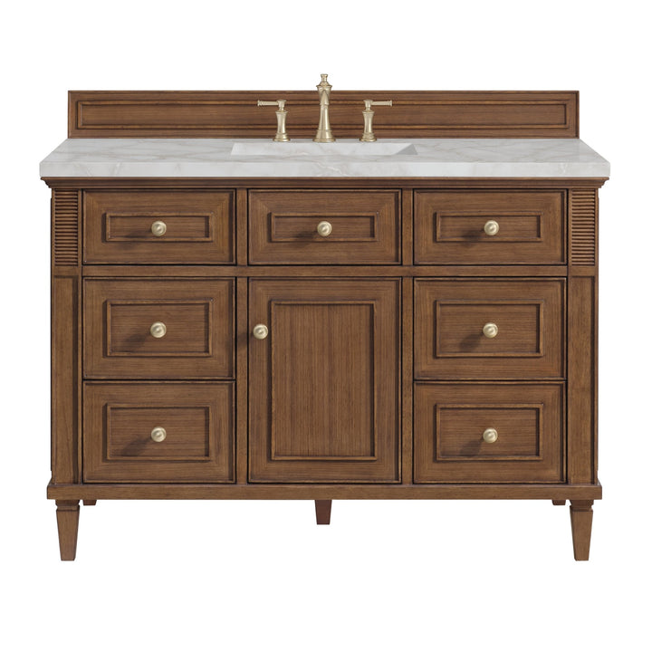 Lorelai 48" Single Vanity, Mid-Century Walnut w/ 3 CM Victorian Silver Silestone Top w/FreePower Wireless Charger