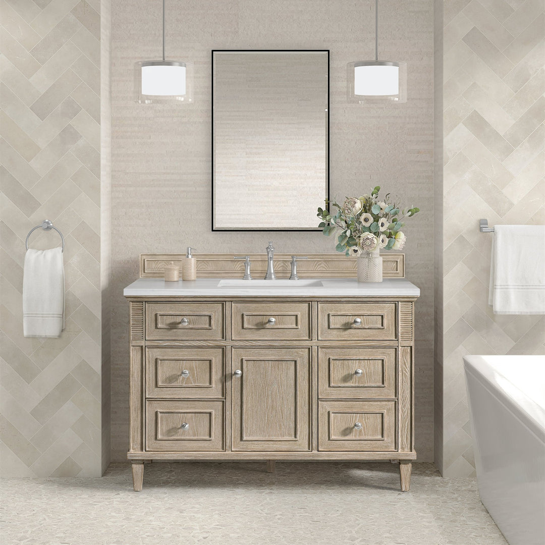 Lorelai 48" Single Vanity, Whitewashed Oak w/ 3 CM Arctic Fall Solid Surface Top