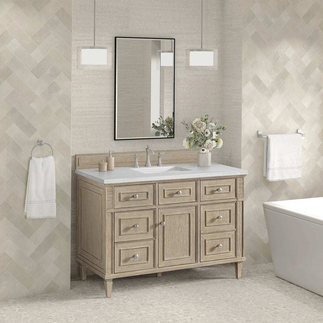 Lorelai 48" Single Vanity, Whitewashed Oak w/ 3 CM Arctic Fall Solid Surface Top