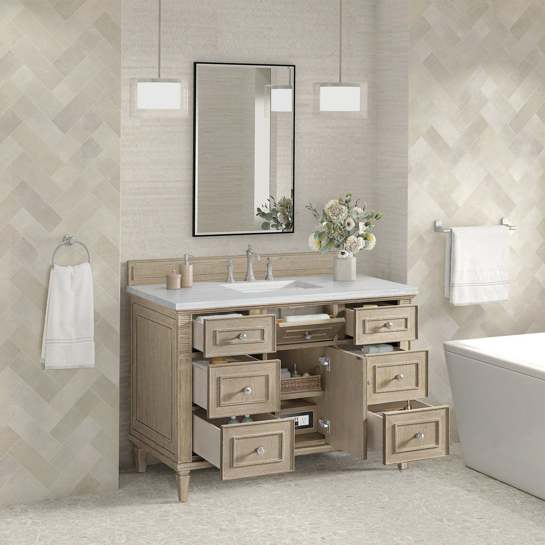 Lorelai 48" Single Vanity, Whitewashed Oak w/ 3 CM Arctic Fall Solid Surface Top