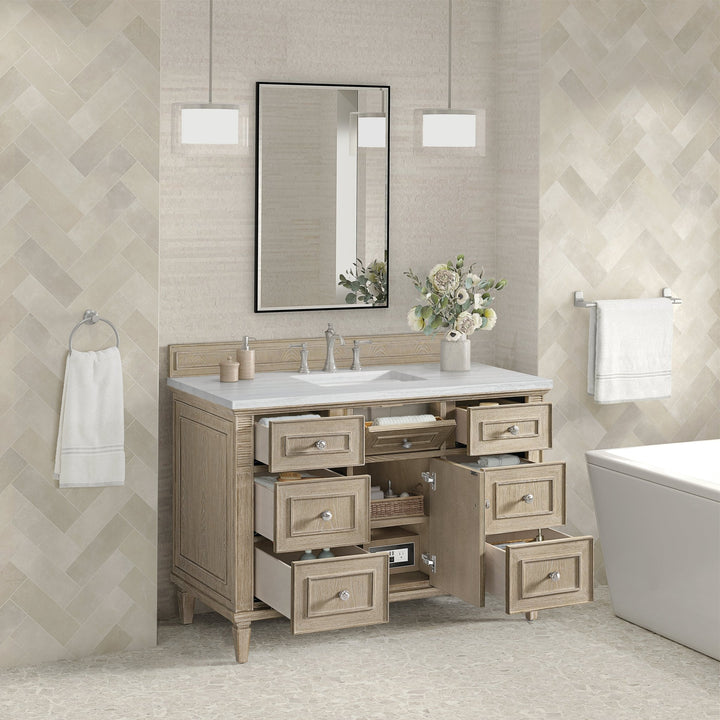 Lorelai 48" Single Vanity, Whitewashed Oak w/ 3 CM Arctic Fall Solid Surface Top