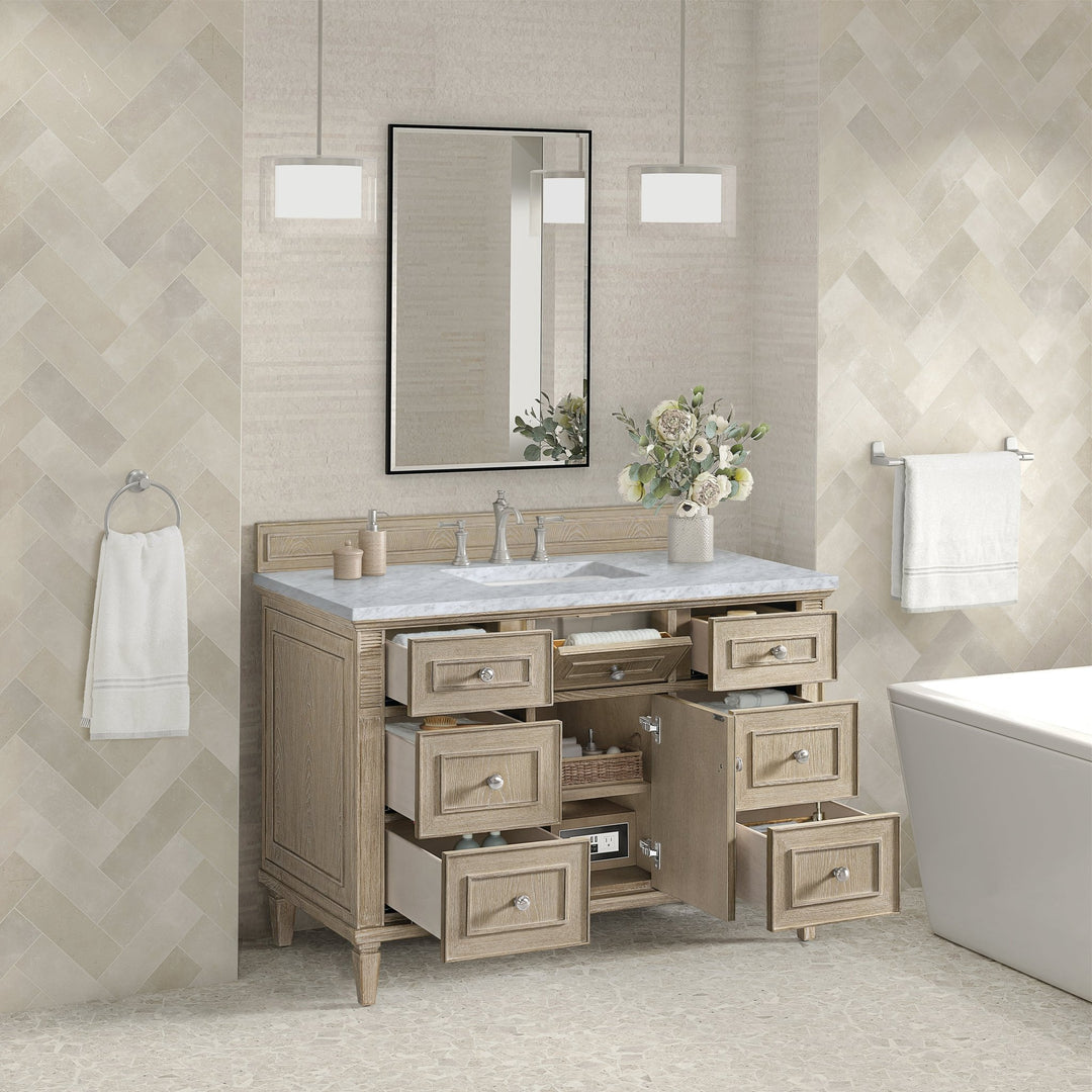 Lorelai 48" Single Vanity, Whitewashed Oak w/ 3 CM Carrara White Marble Top