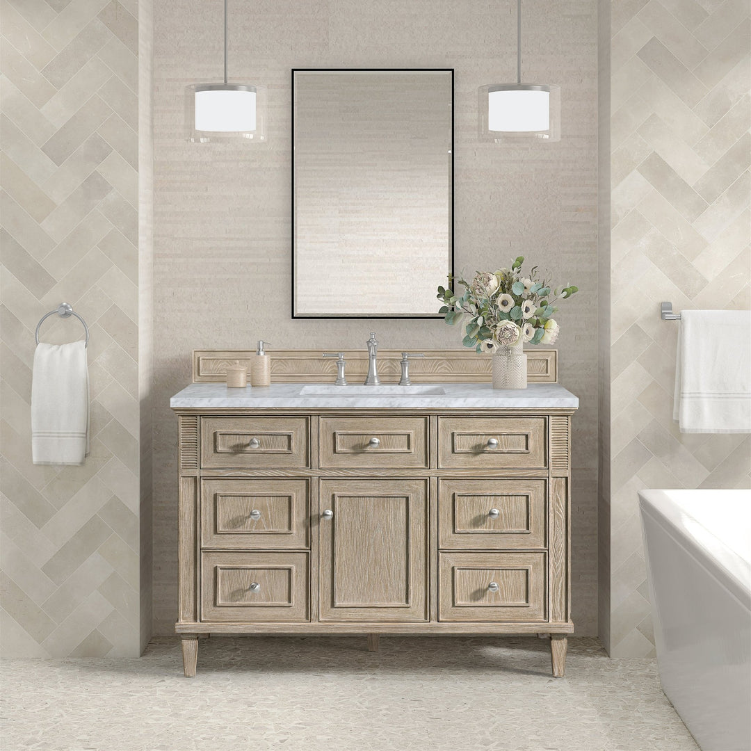 Lorelai 48" Single Vanity, Whitewashed Oak w/ 3 CM Carrara White Marble Top