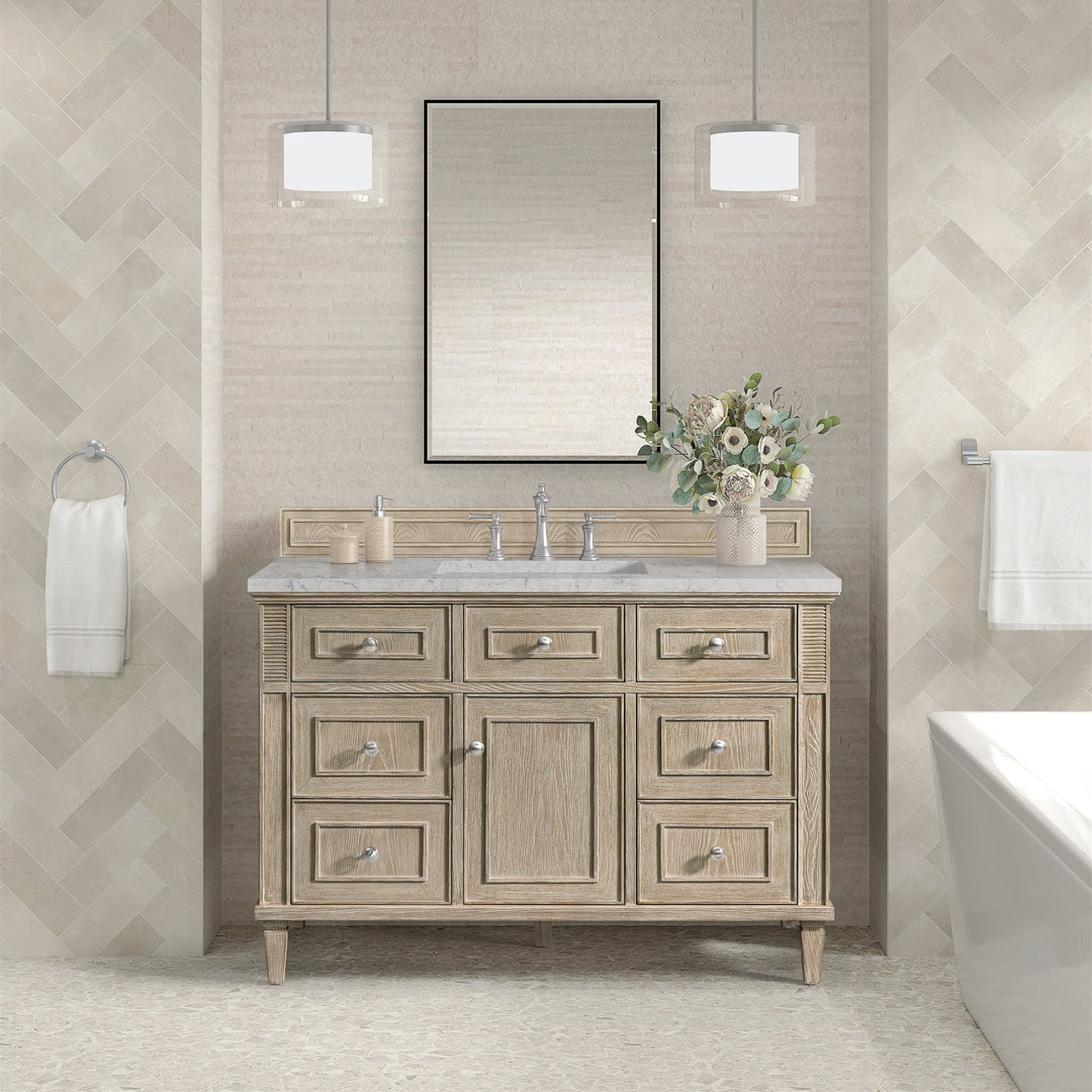 Lorelai 48" Single Vanity, Whitewashed Oak w/ 3 CM Eternal Jasmine Pearl Silestone Top