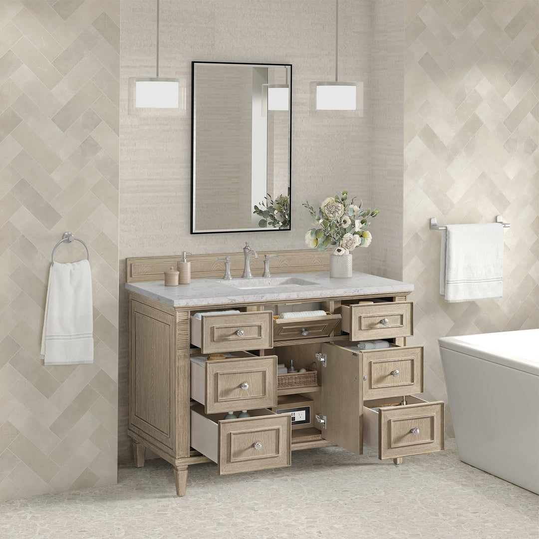 Lorelai 48" Single Vanity, Whitewashed Oak w/ 3 CM Eternal Jasmine Pearl Silestone Top w/FreePower Wireless Charger