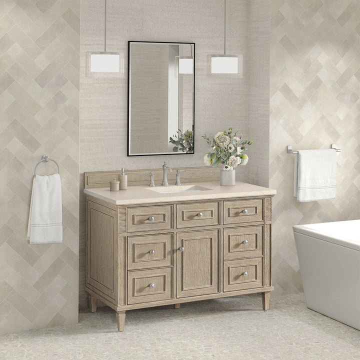 Lorelai 48" Single Vanity, Whitewashed Oak w/ 3 CM Eternal Marfil Silestone Top