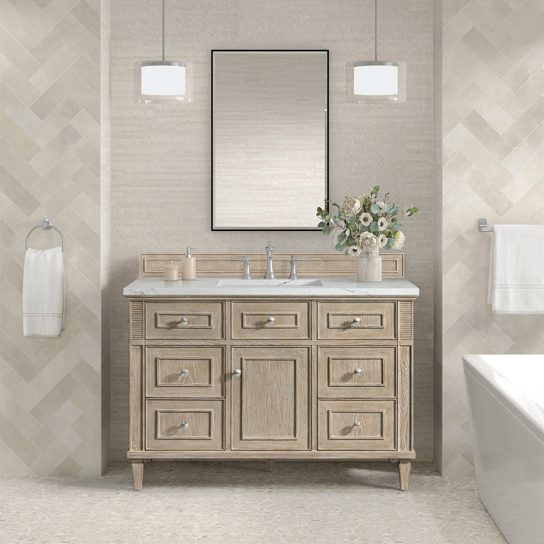 Lorelai 48" Single Vanity, Whitewashed Oak w/ 3 CM Ethereal Noctis Silestone Top w/FreePower Wireless Charger