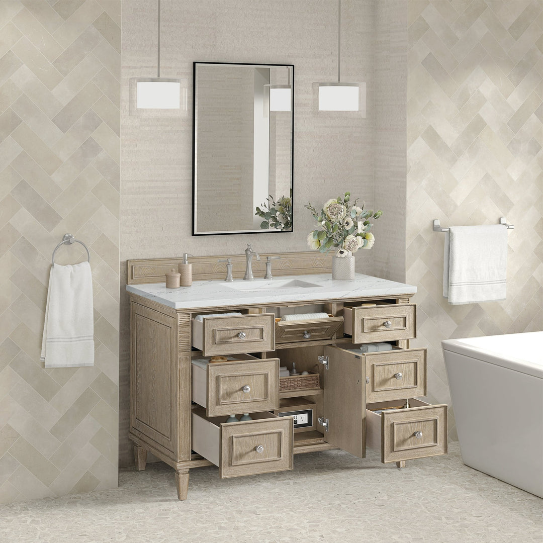 Lorelai 48" Single Vanity, Whitewashed Oak w/ 3 CM Ethereal Noctis Silestone Top w/FreePower Wireless Charger