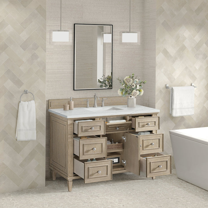 Lorelai 48" Single Vanity, Whitewashed Oak w/ 3 CM Ethereal Noctis Silestone Top w/FreePower Wireless Charger
