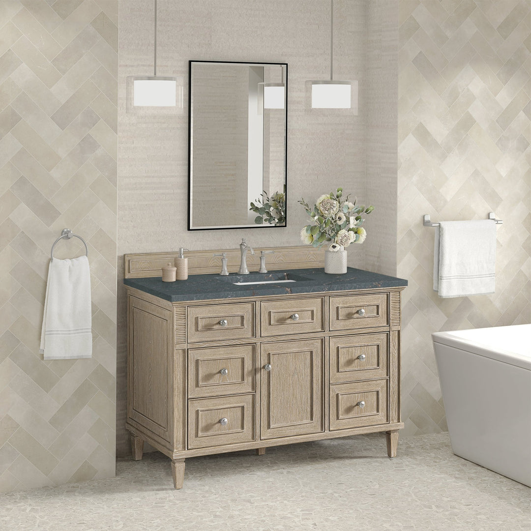Lorelai 48" Single Vanity, Whitewashed Oak w/ 3 CM Parisien Bleu Silestone Top w/FreePower Wireless Charger