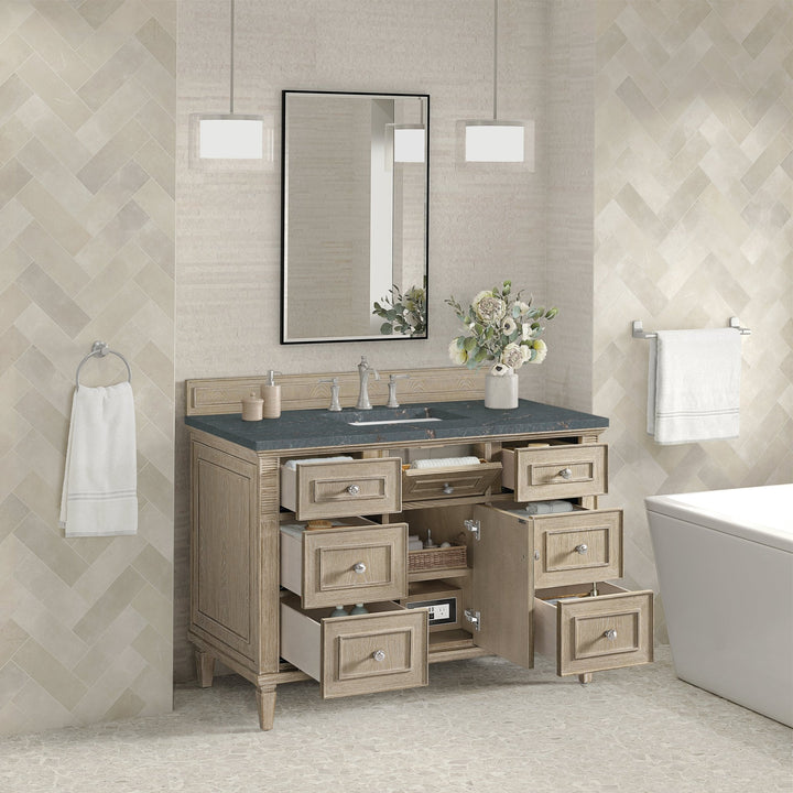 Lorelai 48" Single Vanity, Whitewashed Oak w/ 3 CM Parisien Bleu Silestone Top w/FreePower Wireless Charger