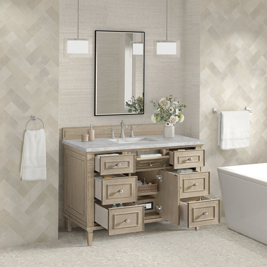 Lorelai 48" Single Vanity, Whitewashed Oak w/ 3 CM Victorian Silver Silestone Top w/FreePower Wireless Charger