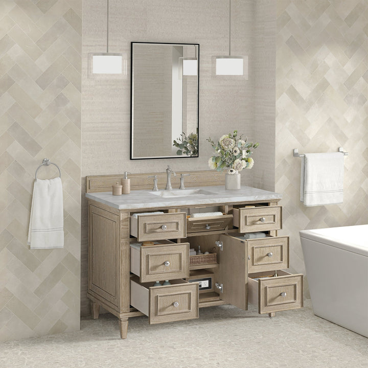 Lorelai 48" Single Vanity, Whitewashed Oak w/ 3 CM Victorian Silver Silestone Top w/FreePower Wireless Charger