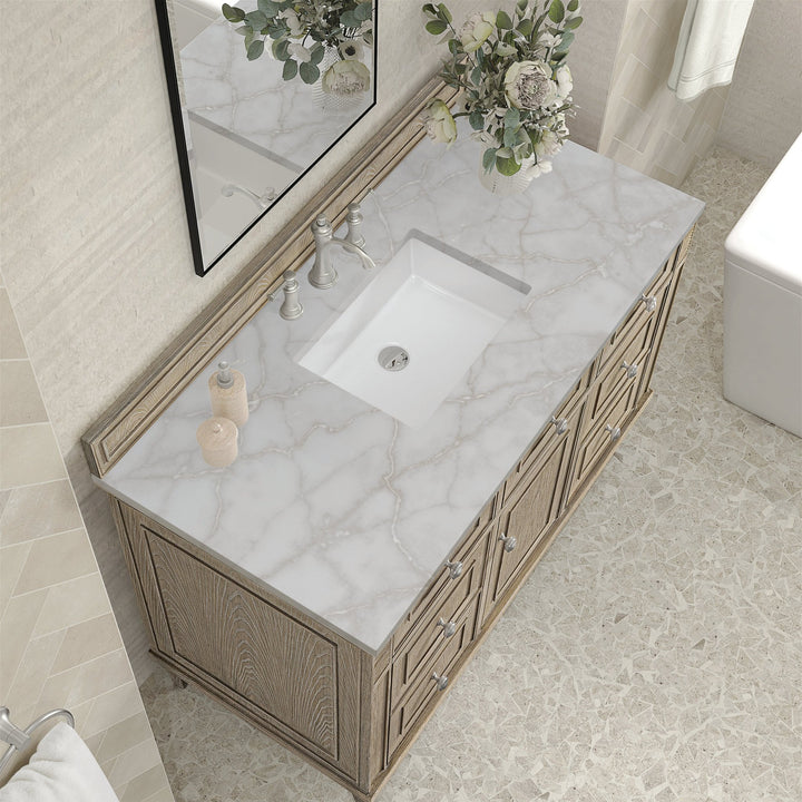 Lorelai 48" Single Vanity, Whitewashed Oak w/ 3 CM Victorian Silver Silestone Top w/FreePower Wireless Charger