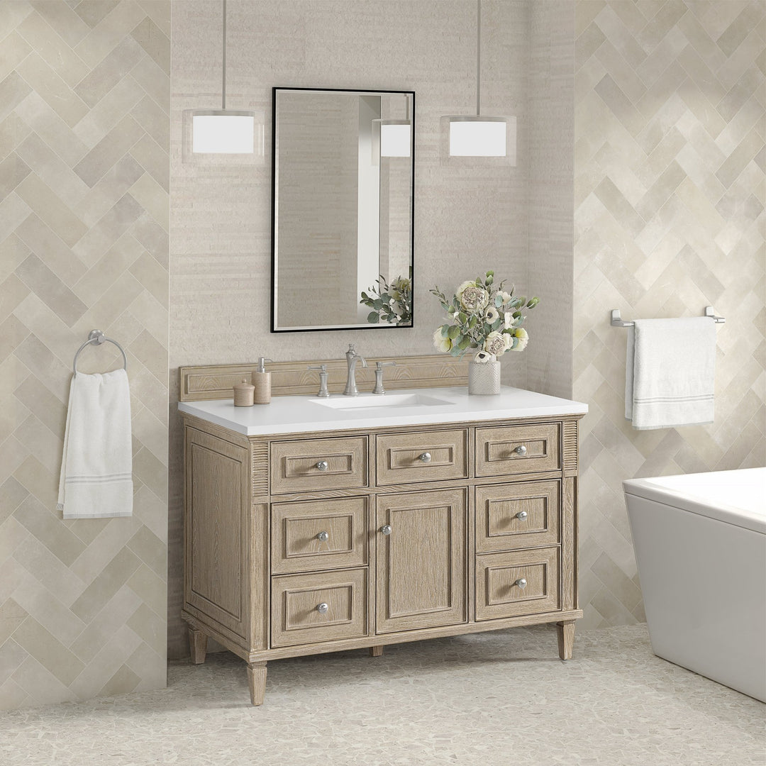 Lorelai 48" Single Vanity, Whitewashed Oak w/ 3 CM White Zeus Silestone Top