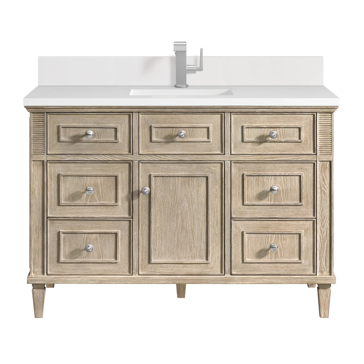 Lorelai 48" Single Vanity, Whitewashed Oak w/ Single Hole 3 CM White Zeus Silestone Top & Backsplash