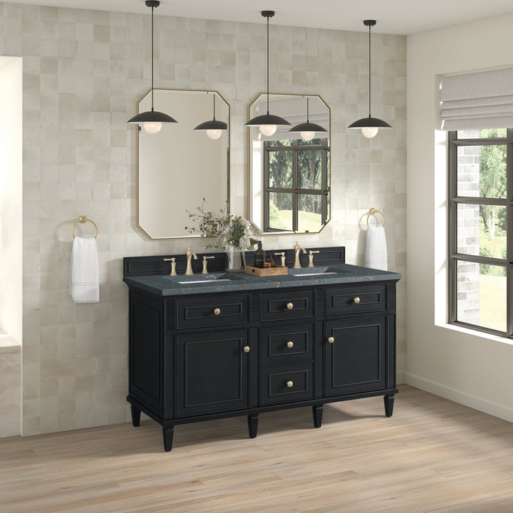 Lorelai 60" Double Vanity, Black Onyx w/ 3 CM Parisien Bleu Silestone Top w/FreePower Wireless Charger