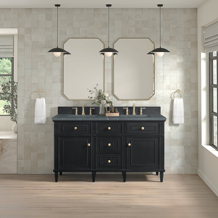 Lorelai 60" Double Vanity, Black Onyx w/ 3 CM Parisien Bleu Silestone Top w/FreePower Wireless Charger