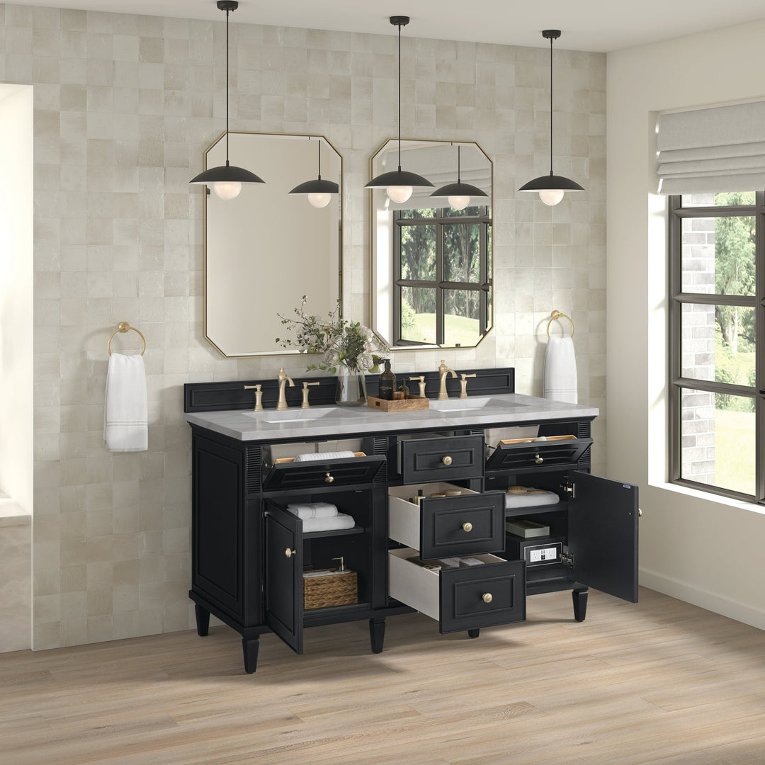 Lorelai 60" Double Vanity, Black Onyx w/ 3 CM Victorian Silver Silestone Top