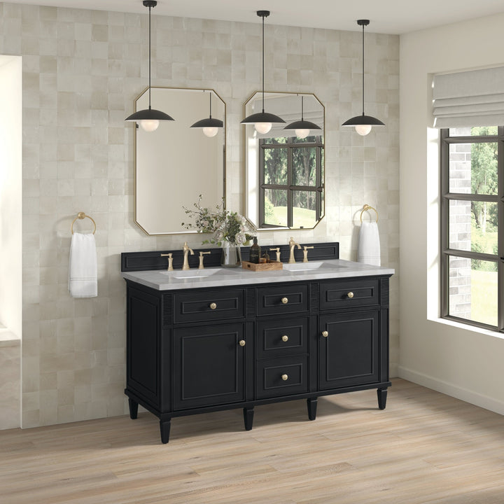 Lorelai 60" Double Vanity, Black Onyx w/ 3 CM Victorian Silver Silestone Top w/FreePower Wireless Charger