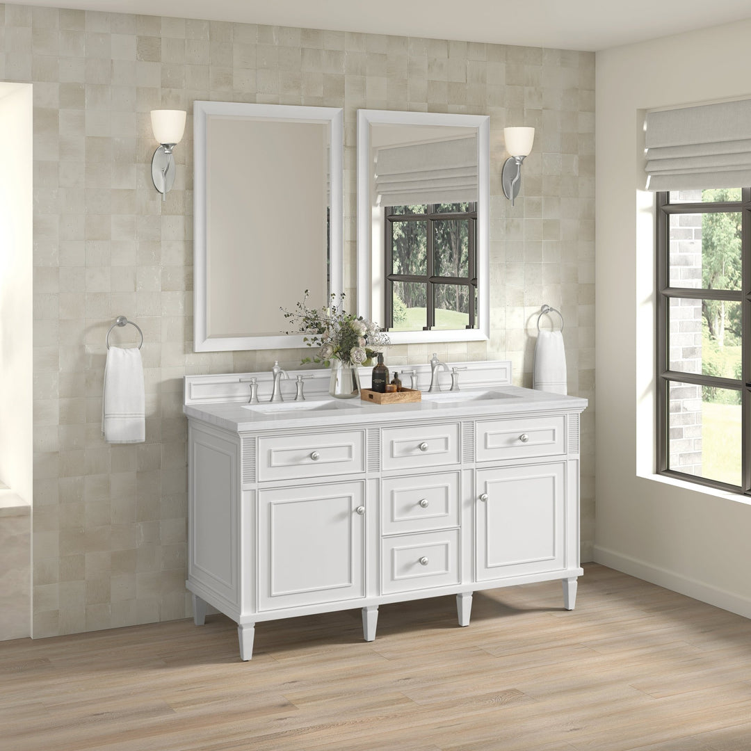 Lorelai 60" Double Vanity, Bright White w/ 3 CM Arctic Fall Solid Surface Top