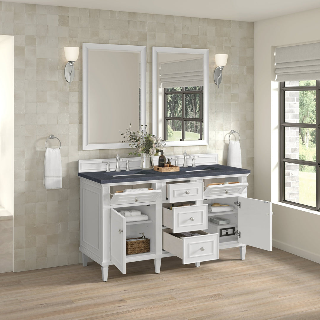 Lorelai 60" Double Vanity, Bright White w/ 3 CM Charcoal Soapstone Silestone Top