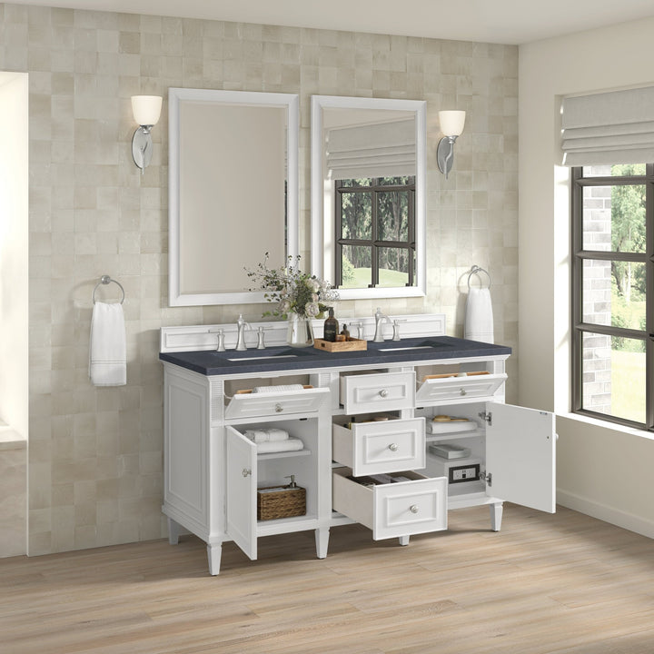Lorelai 60" Double Vanity, Bright White w/ 3 CM Charcoal Soapstone Silestone Top