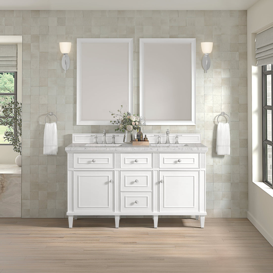 Lorelai 60" Double Vanity, Bright White w/ 3 CM Eternal Jasmine Pearl Silestone Top