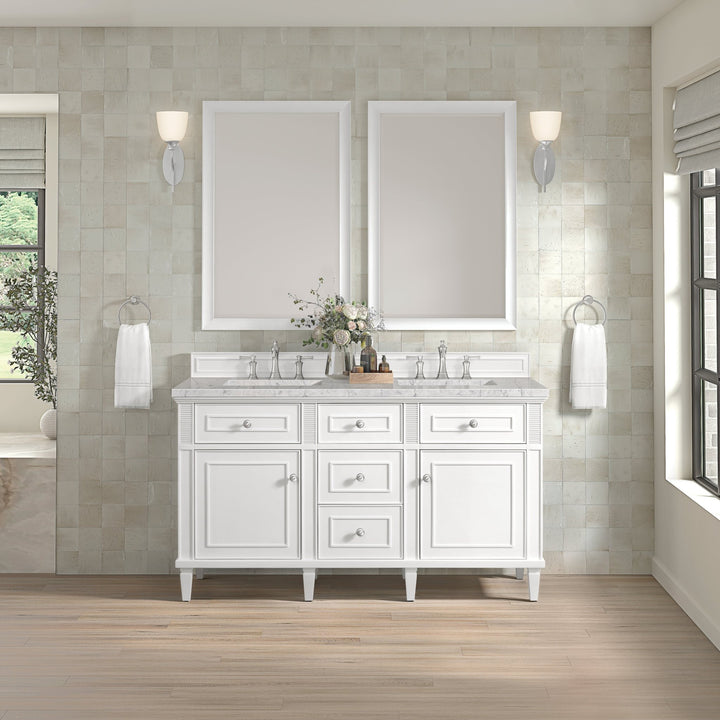 Lorelai 60" Double Vanity, Bright White w/ 3 CM Eternal Jasmine Pearl Silestone Top