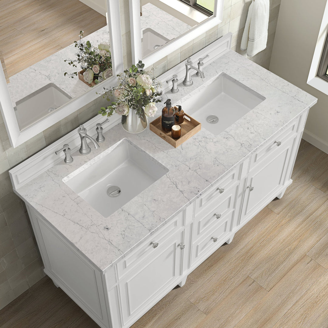 Lorelai 60" Double Vanity, Bright White w/ 3 CM Eternal Jasmine Pearl Silestone Top w/FreePower Wireless Charger