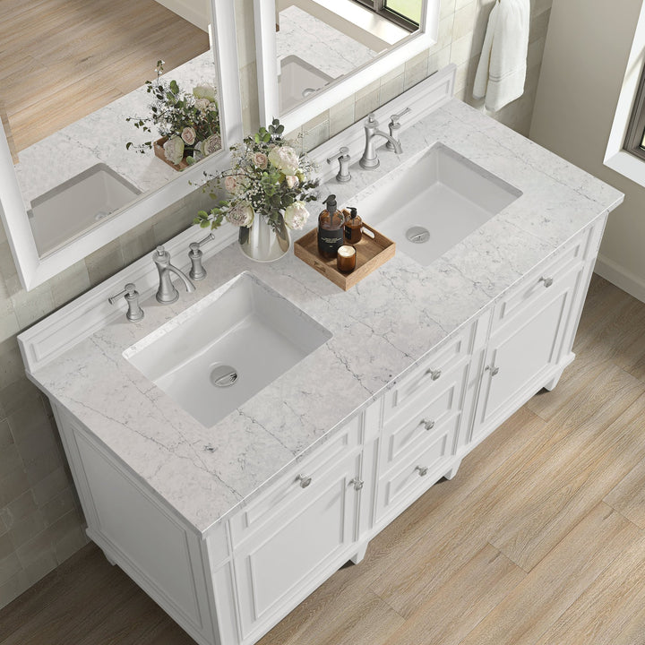 Lorelai 60" Double Vanity, Bright White w/ 3 CM Eternal Jasmine Pearl Silestone Top w/FreePower Wireless Charger