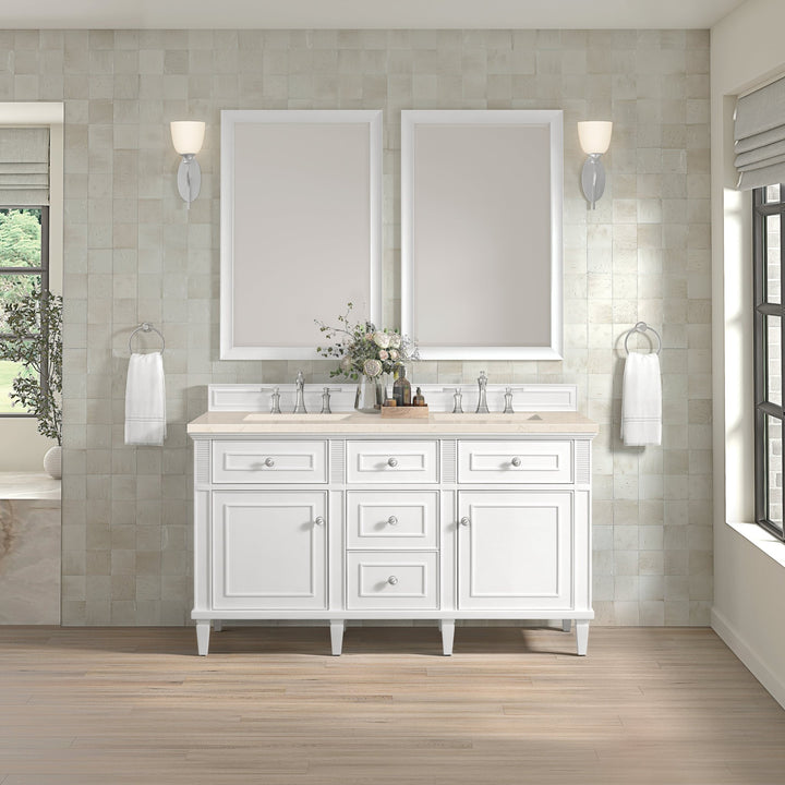 Lorelai 60" Double Vanity, Bright White w/ 3 CM Eternal Marfil Silestone Top
