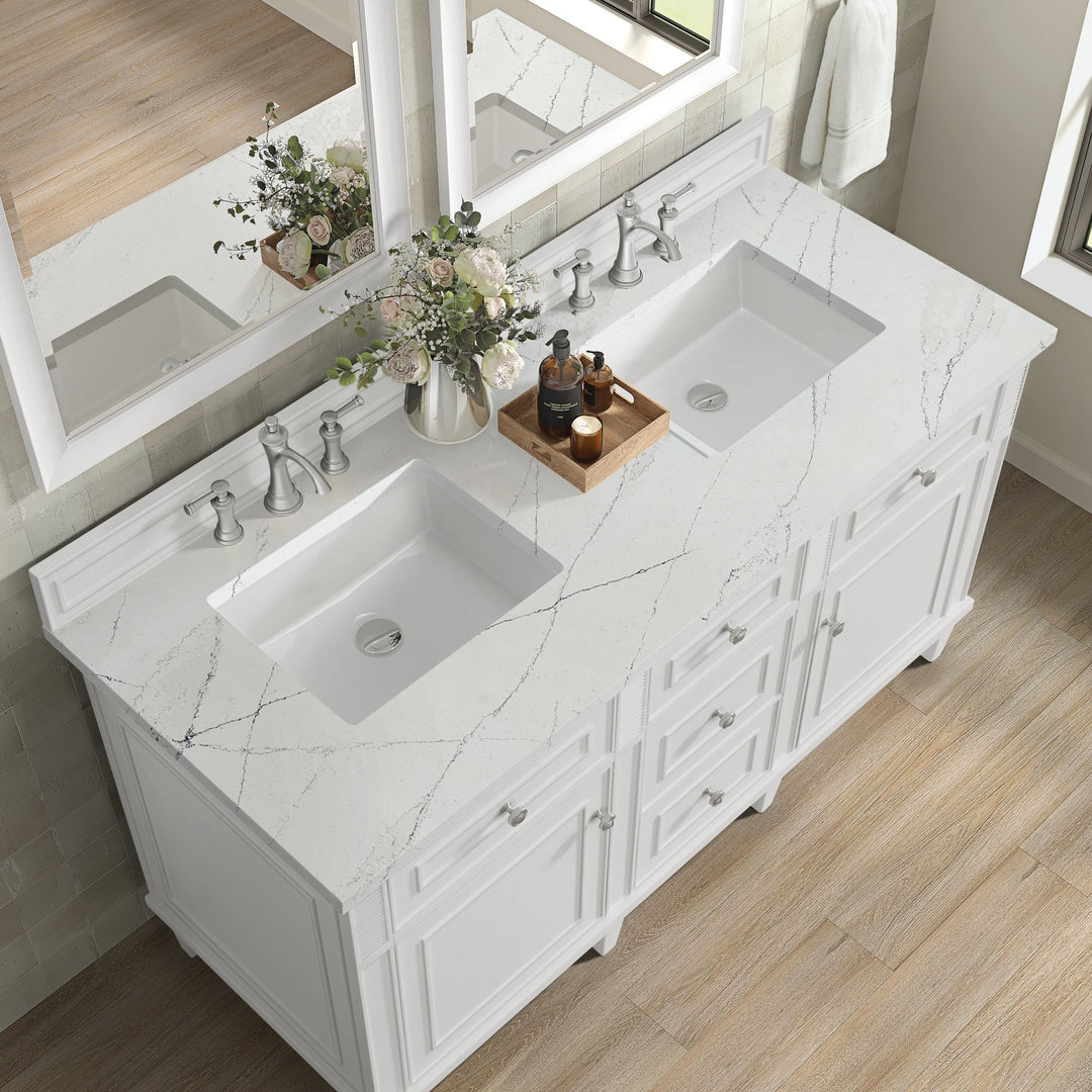 Lorelai 60" Double Vanity, Bright White w/ 3 CM Ethereal Noctis Silestone Top w/FreePower Wireless Charger