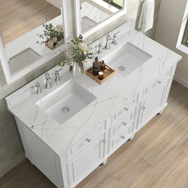 Lorelai 60" Double Vanity, Bright White w/ 3 CM Ethereal Noctis Silestone Top w/FreePower Wireless Charger