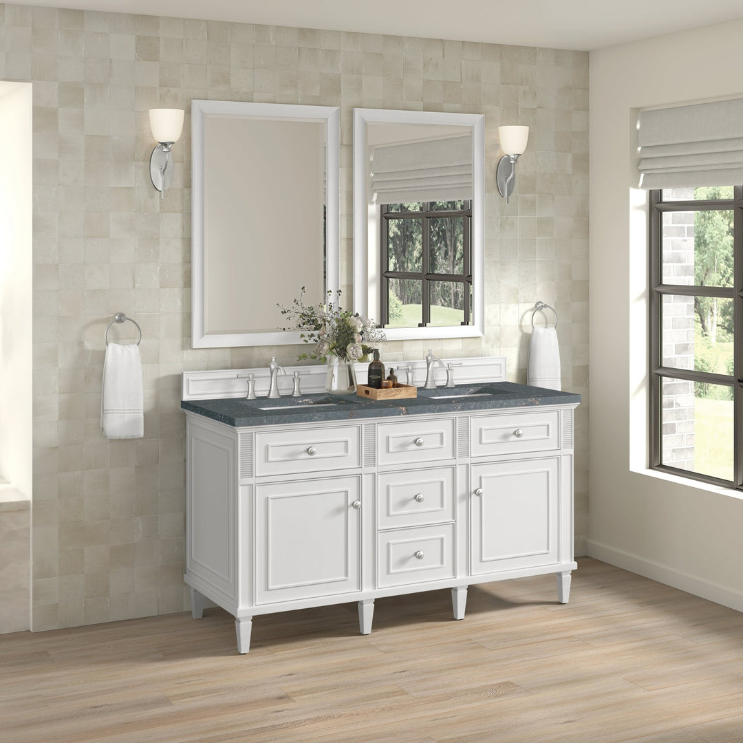 Lorelai 60" Double Vanity, Bright White w/ 3 CM Parisien Bleu Silestone Top w/FreePower Wireless Charger