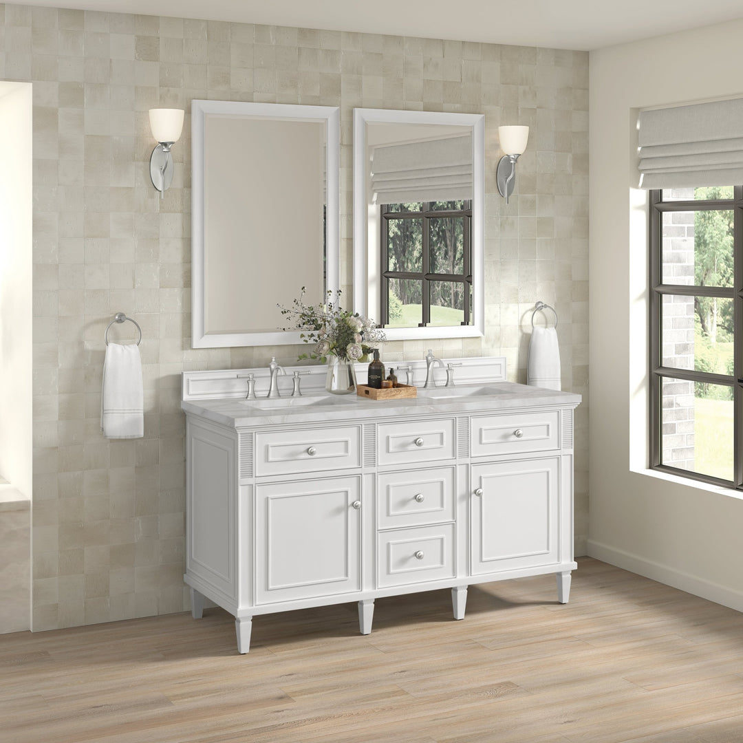 Lorelai 60" Double Vanity, Bright White w/ 3 CM Victorian Silver Silestone Top