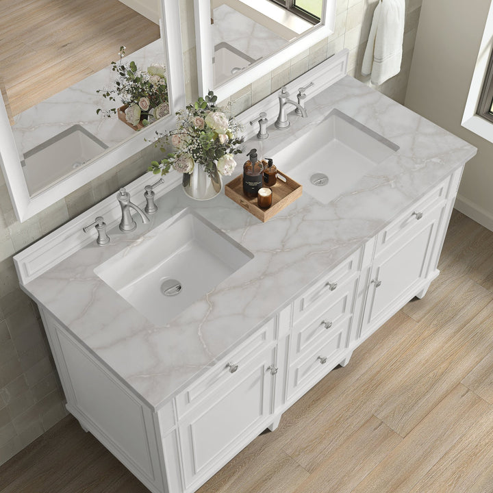 Lorelai 60" Double Vanity, Bright White w/ 3 CM Victorian Silver Silestone Top
