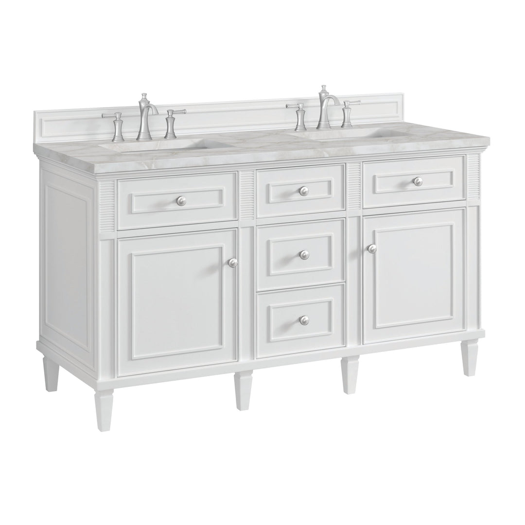 Lorelai 60" Double Vanity, Bright White w/ 3 CM Victorian Silver Silestone Top w/FreePower Wireless Charger