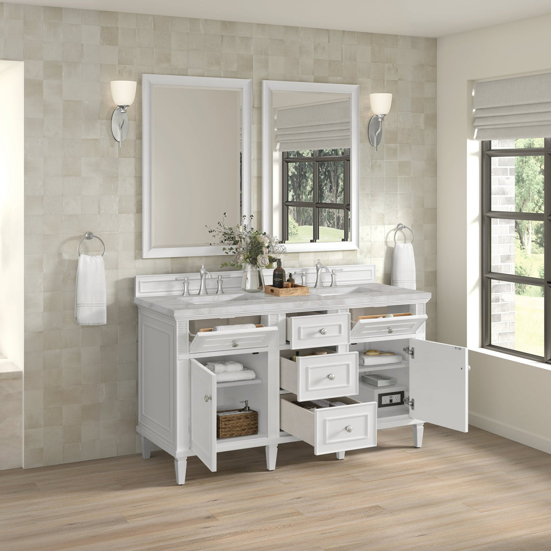 Lorelai 60" Double Vanity, Bright White w/ 3 CM Victorian Silver Silestone Top w/FreePower Wireless Charger