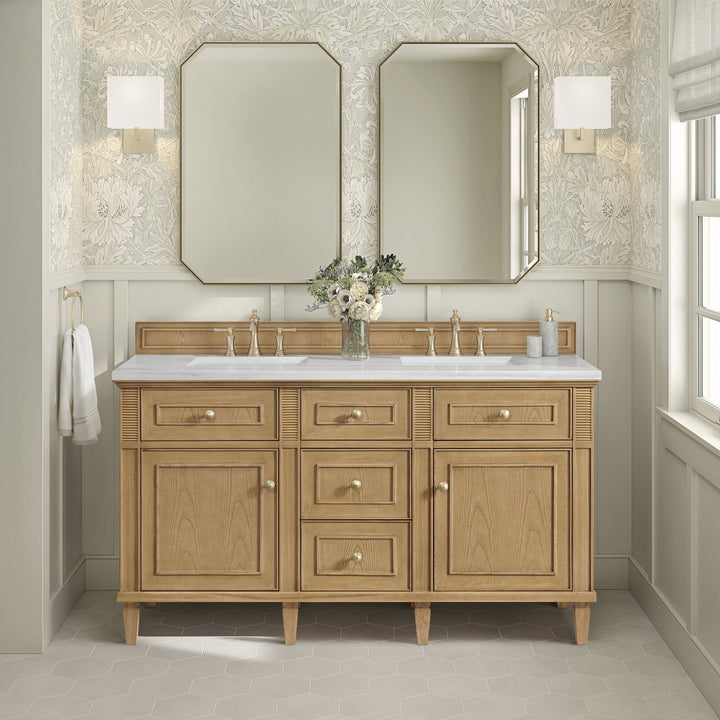 Lorelai 60" Double Vanity, Light Natural Oak w/ 3 CM Arctic Fall Solid Surface Top
